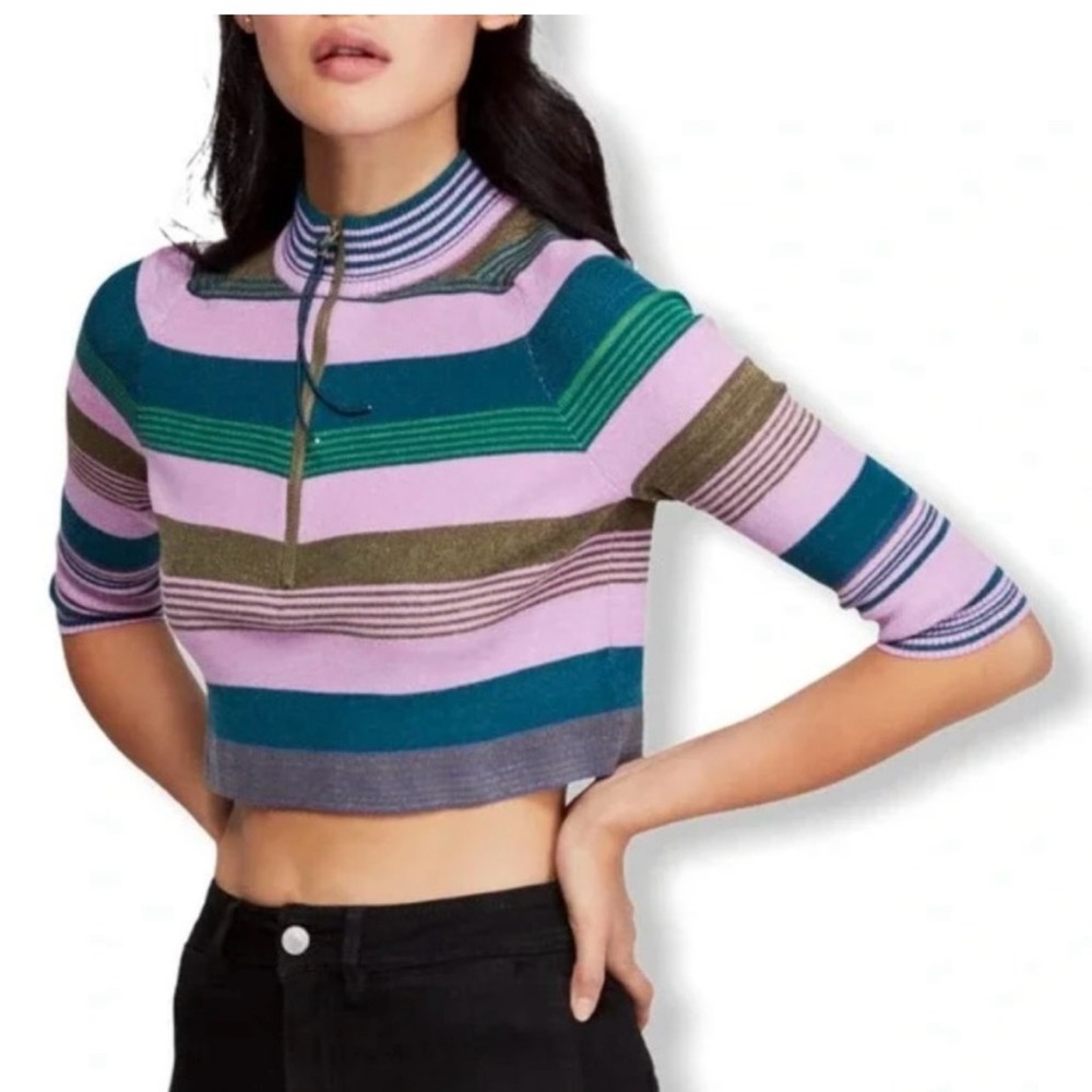 New Free People Riptide Striped Cropped Top Sweater Half-Zip Sz M Anthropologie